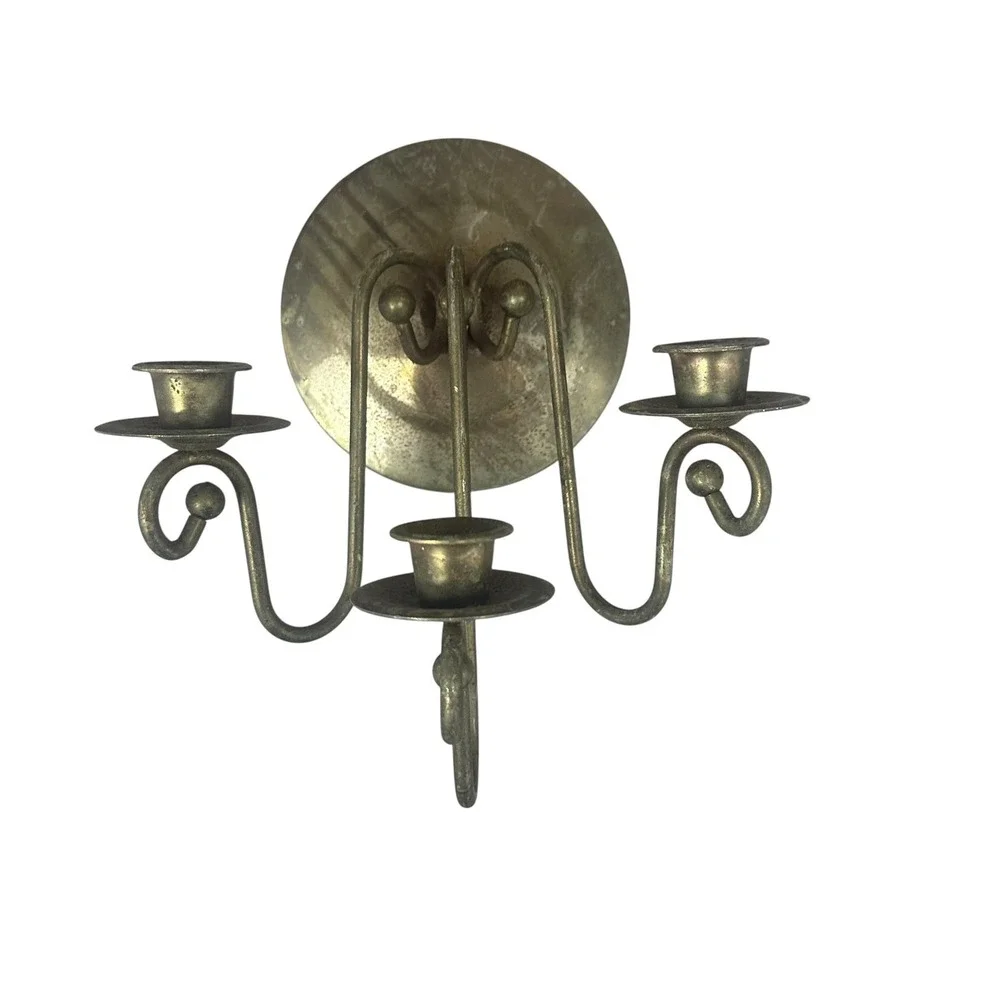 Vintage Brass Wall Mounted 3 Taper Candle Sconce Gold Tone Antique Style